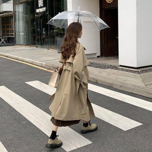 Womens Coats | Long check lapel gabardine trench coat Coats Coats