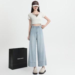 Womens Trousers | Belted wide-leg chambray trousers Trousers Trousers